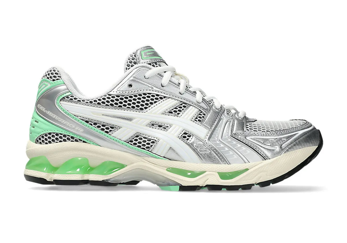 Chaussure de running Asics Gel-Kayano 14 SILVER LIME , gris argenté , semelle légère et confortable , vue de profil
