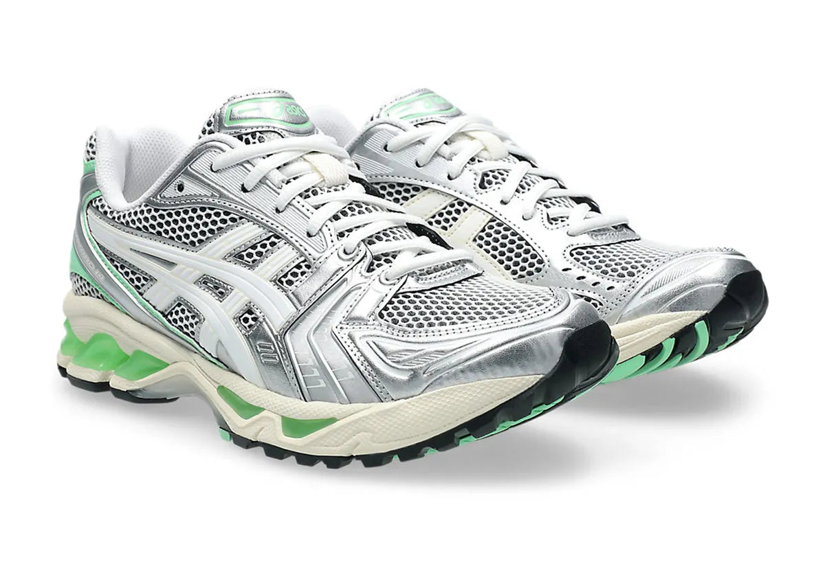 Chaussure de running Asics Gel-Kayano 14 SILVER LIME , gris argenté , semelle légère et confortable , vue de 3/4
