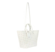 Balenciaga Bistro S Basket Top Handle Bag Optic White en matière tressée blanche avec deux anses roulées et bandoulière amovible.