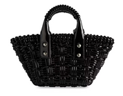 Balenciaga Bistro Top Handle XXS Black en matière tressée noire au fini laqué avec deux anses, étiquette Balenciaga et bandoulière amovible.