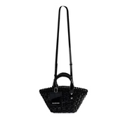 Balenciaga Bistro Top Handle XXS Black en matière tressée noire au fini laqué avec deux anses, étiquette Balenciaga et bandoulière amovible.