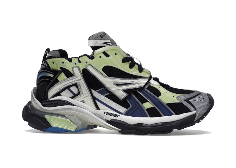 Balenciaga Runner Green Blue Black Grey avec tige en mesh respirant, empiècements en cuir vert, bleu, noir et gris, semelle intermédiaire en mousse et silhouette running vintage.
