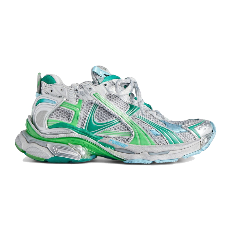 Balenciaga Runner Grey Green Blue avec tige en mesh respirant, empiècements en cuir gris, vert et bleu, semelle intermédiaire en mousse et silhouette inspirée du running vintage.