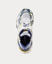Balenciaga Runner White Blue Yellow Grey Black avec tige en mesh respirant, empiècements en cuir multicolore, semelle intermédiaire en mousse et silhouette inspirée du running vintage.