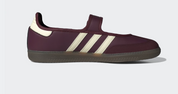 Sneaker adidas Samba Jane Maroon Cream White en cuir bordeaux et crème avec bride Mary Jane et semelle gomme rétro emblématique.