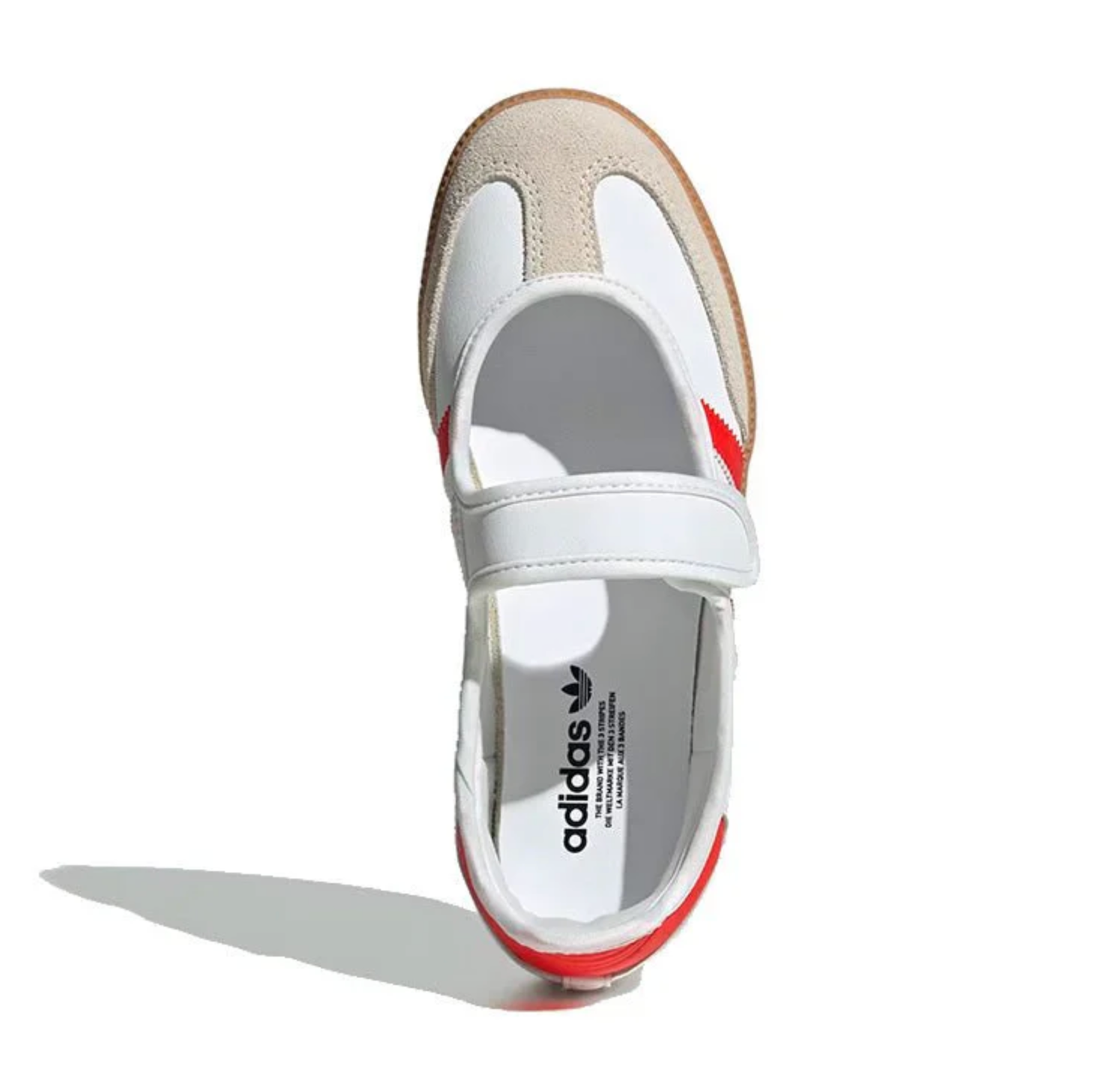 Sneaker adidas Samba Jane White Red Gum en cuir blanc avec bandes rouges, bride Mary Jane et semelle gomme vintage emblématique.Vue de haut 