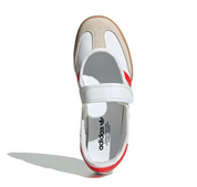 Sneaker adidas Samba Jane White Red Gum en cuir blanc avec bandes rouges, bride Mary Jane et semelle gomme vintage emblématique.Vue de haut 