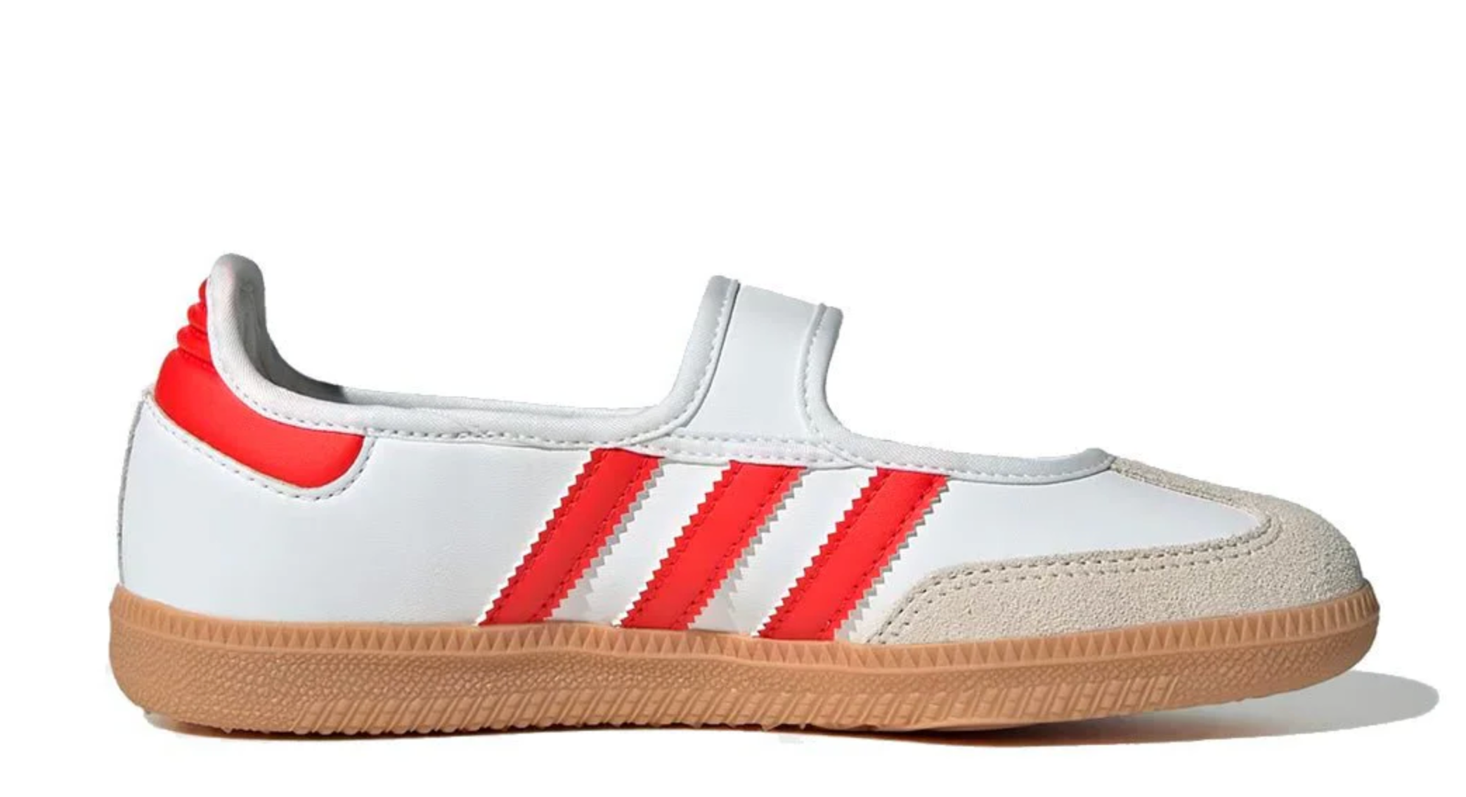 Sneaker adidas Samba Jane White Red Gum en cuir blanc avec bandes rouges, bride Mary Jane et semelle gomme vintage emblématique.Vue de profil