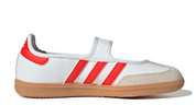 Sneaker adidas Samba Jane White Red Gum en cuir blanc avec bandes rouges, bride Mary Jane et semelle gomme vintage emblématique.Vue de profil