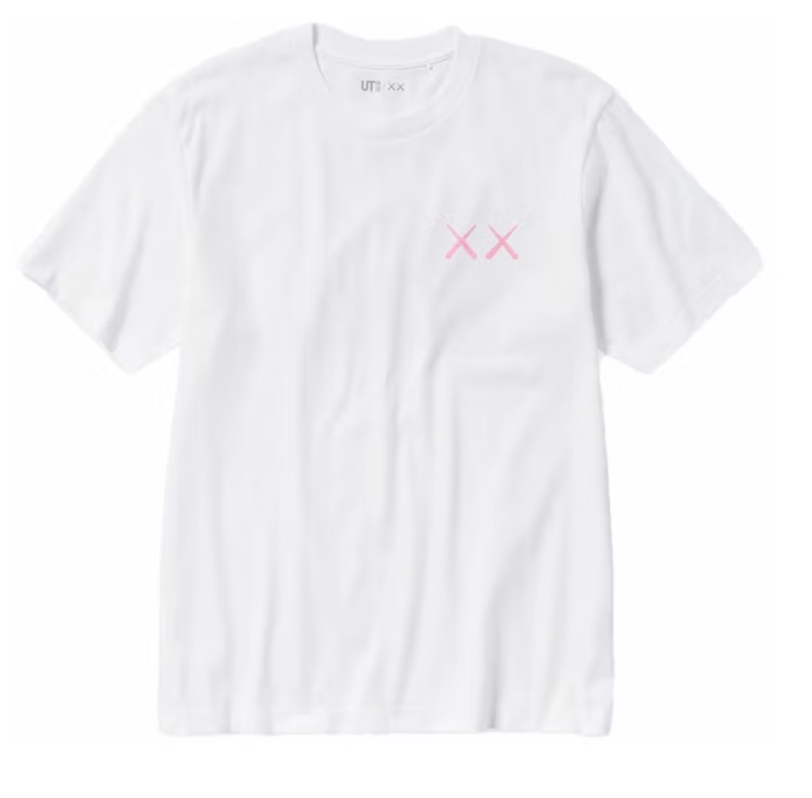 tee shirt kaws uniqlo rose , deux croix rose en haut a droite , oversize ,vue de face