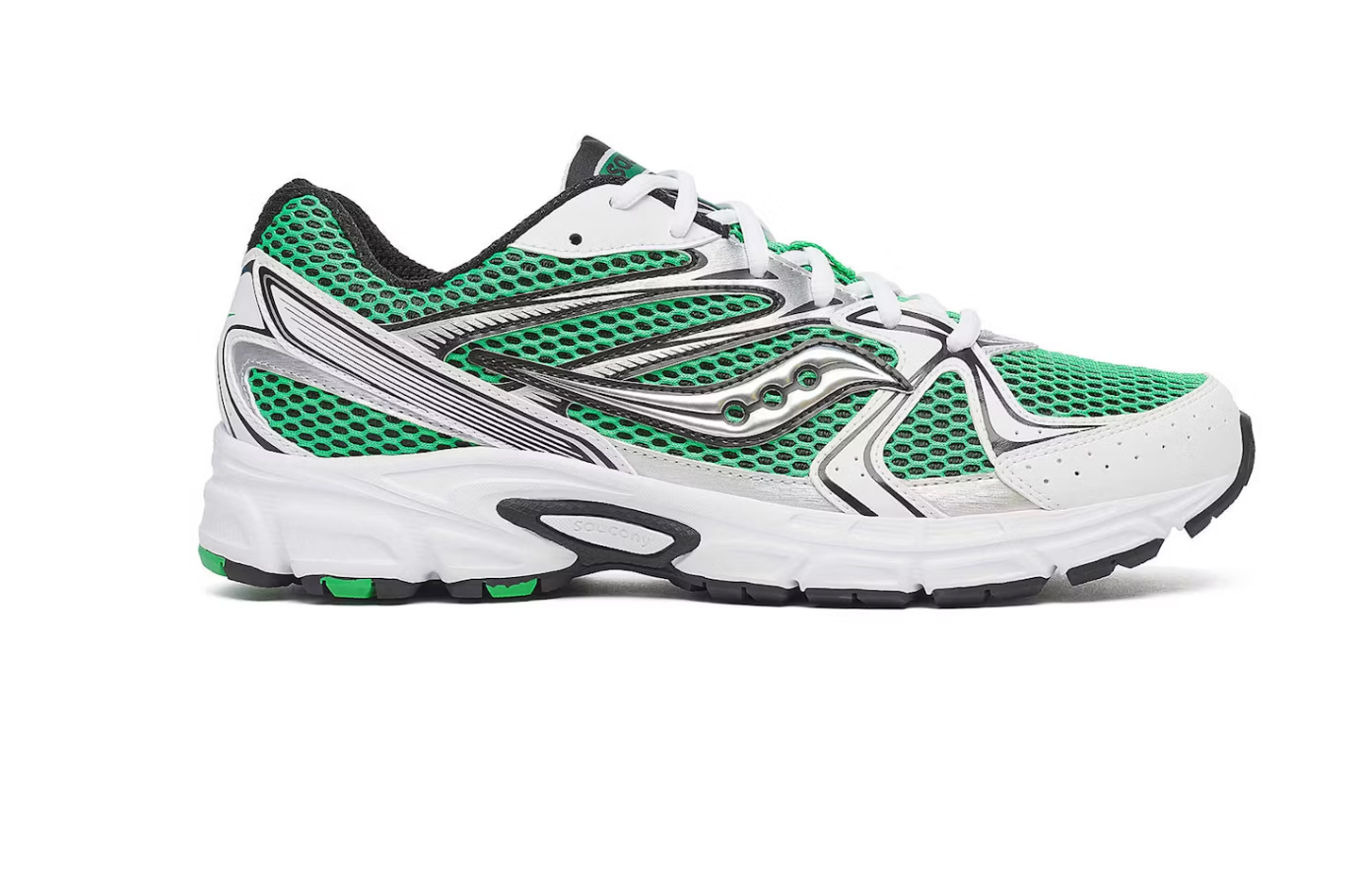 Saucony Ride Millennium blanche avec accents vert fougère, mesh respirant et semelle amortie GRID.Vue de coté