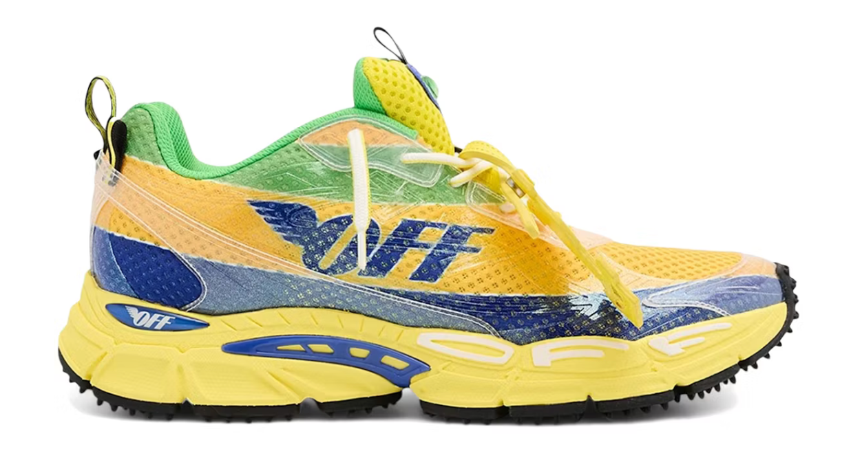 OFF-WHITE Be Right Back Formula 1 jaunes et bleues en matériaux techniques avec détails graphiques signature et semelle sculpturale