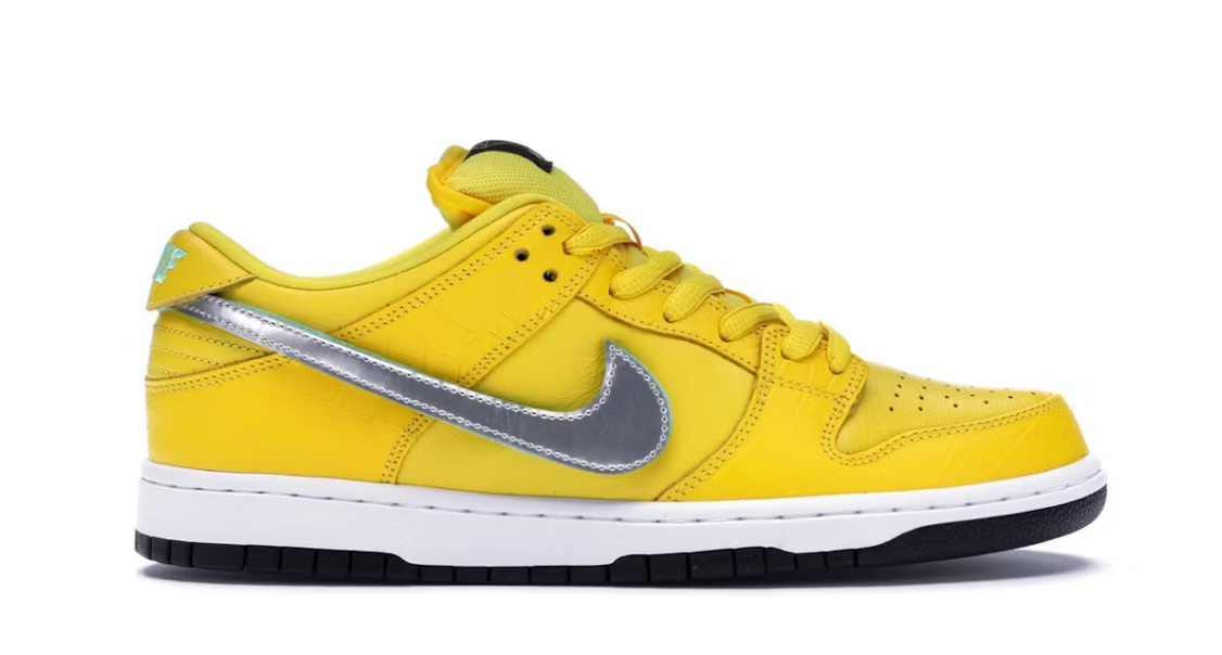 Sneakers Nike SB Dunk Low Diamond Supply Co en suède premium jaune Canary avec détails noirs et éléments signature collector Friends and Family.