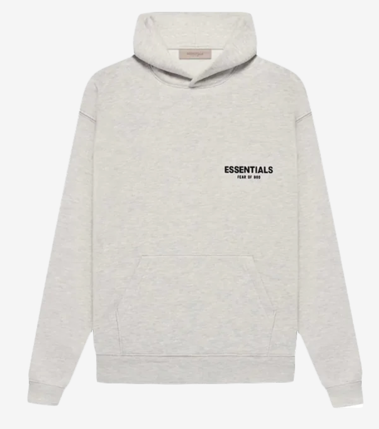 Sweat Fear Of God Essentials gris clair chiné en coton épais avec coupe oversize et logo discret minimaliste