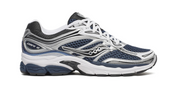 Saucony ProGrid Omni 9 Deep Navy en mesh bleu marine avec empiècements suède et semelle amortissante ProGrid. vue de profil