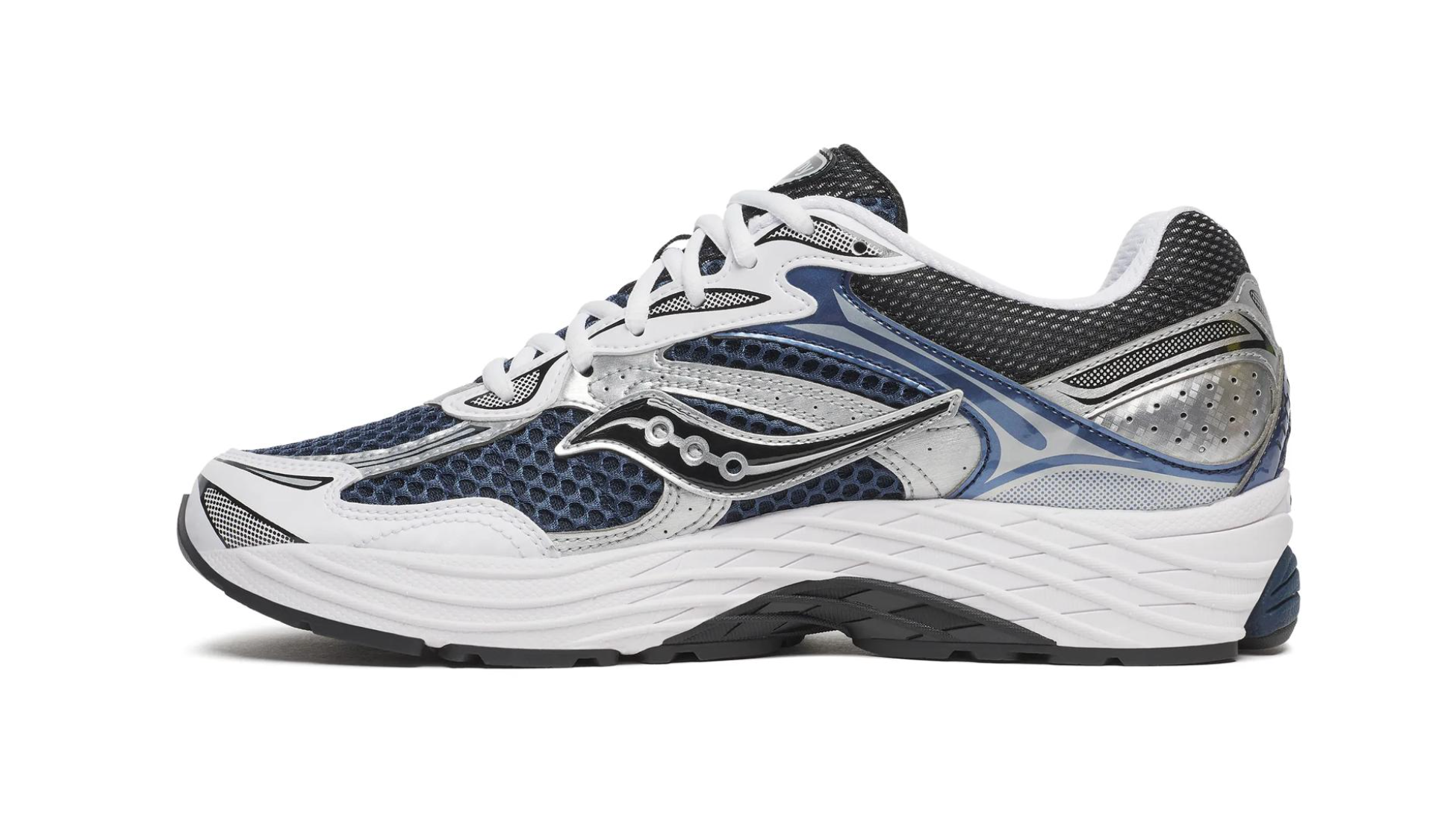 Saucony ProGrid Omni 9 Deep Navy en mesh bleu marine avec empiècements suède et semelle amortissante ProGrid. vue de profil intérieur