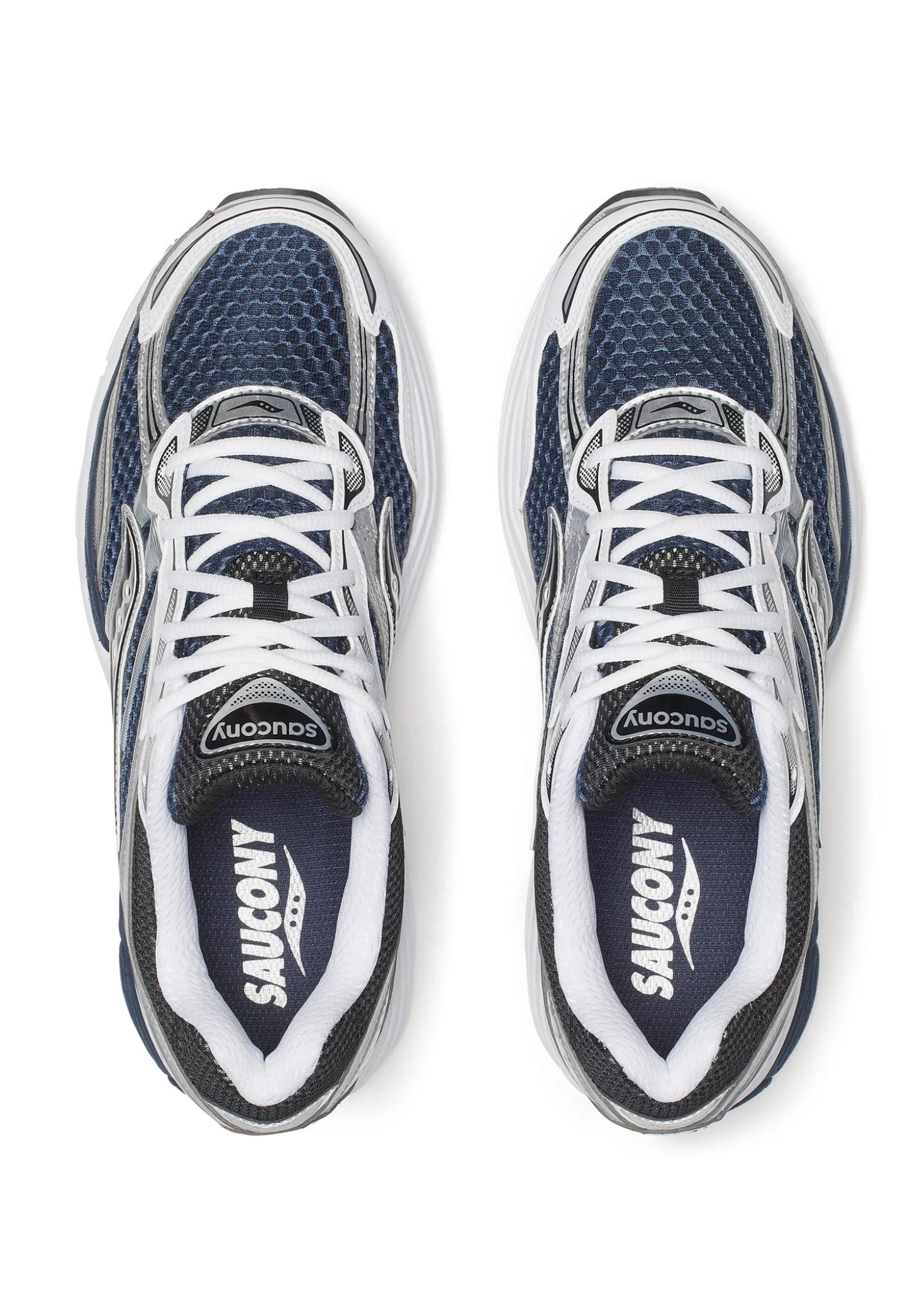 Saucony ProGrid Omni 9 Deep Navy en mesh bleu marine avec empiècements suède et semelle amortissante ProGrid. vue de dessus