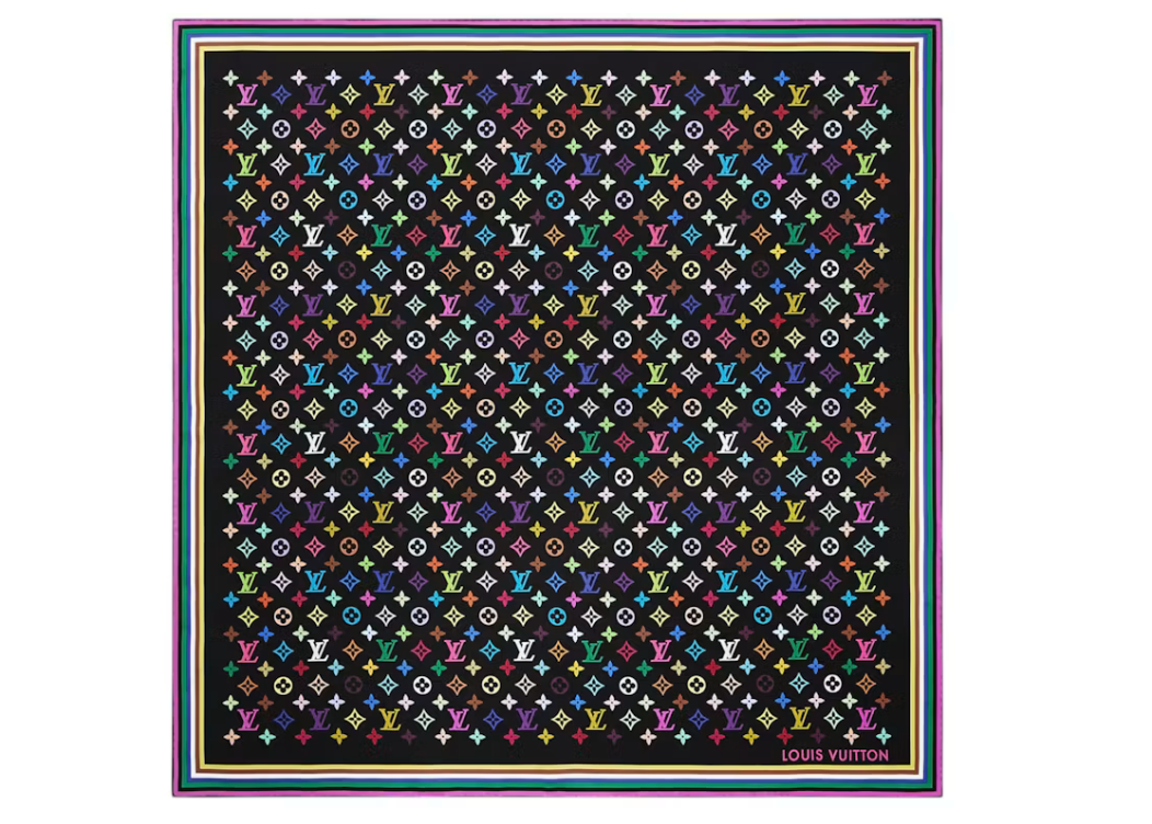 Louis Vuitton x Takashi Murakami Monogram Multicolor Square 90 Black Multicolored en soie noire avec motif Monogram multicolore à 33 teintes.