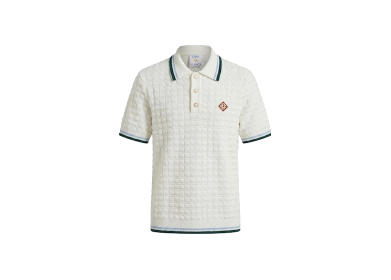 Casablanca Bouclé Short Sleeve Polo White, polo Casablanca blanc à manches courtes avec texture bouclée et col polo.