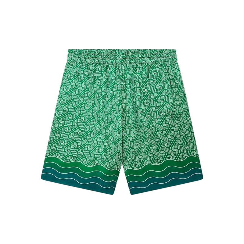 Casablanca Column Monogram Silk Shorts Green, short Casablanca en soie verte avec imprimé Column Monogram et coupe décontractée.