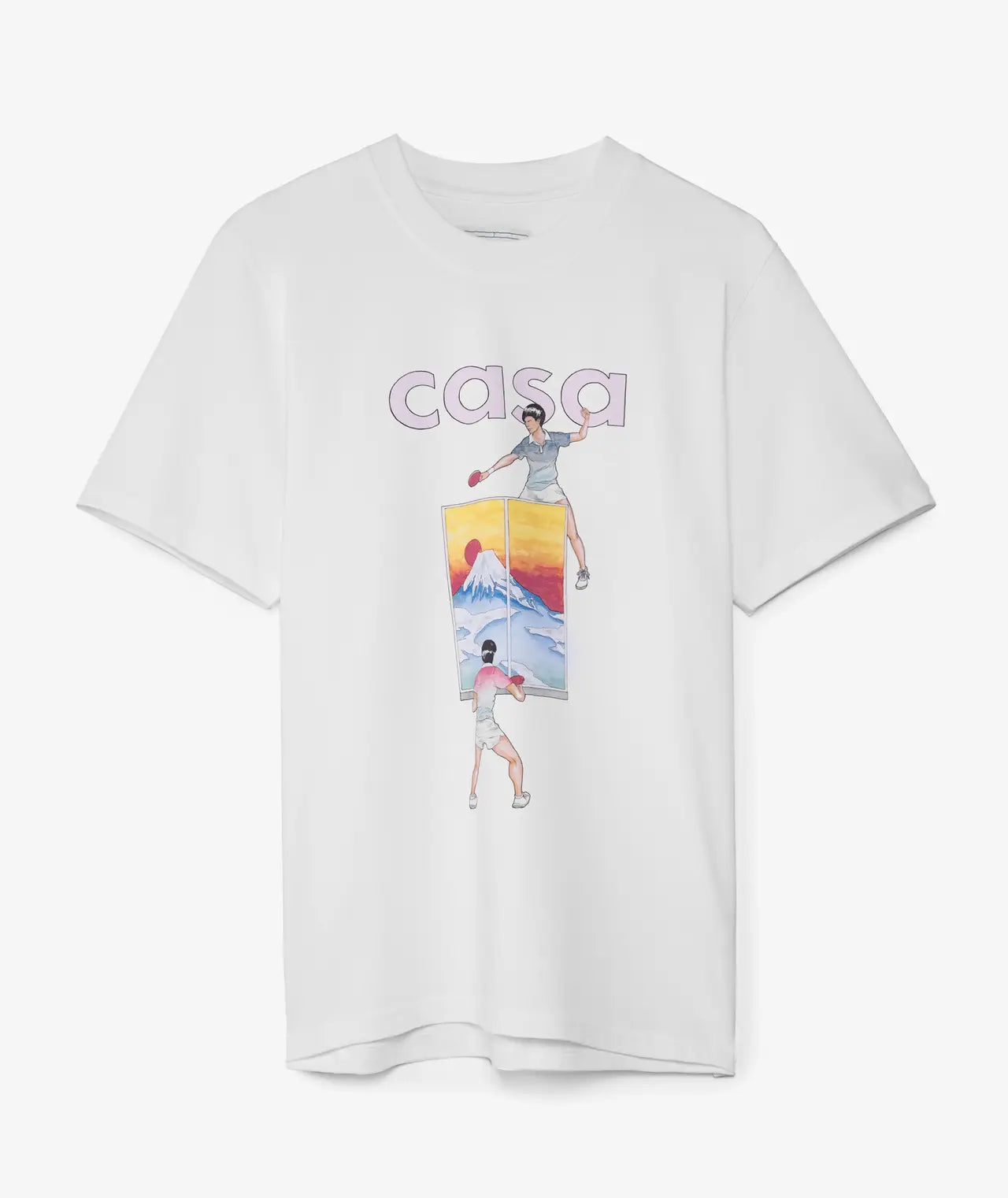 Casablanca Fuji Table Tennis T-shirt White, tee-shirt Casablanca blanc avec graphisme Fuji Table Tennis inspiré du mont Fuji et de l’univers sportif japonais.