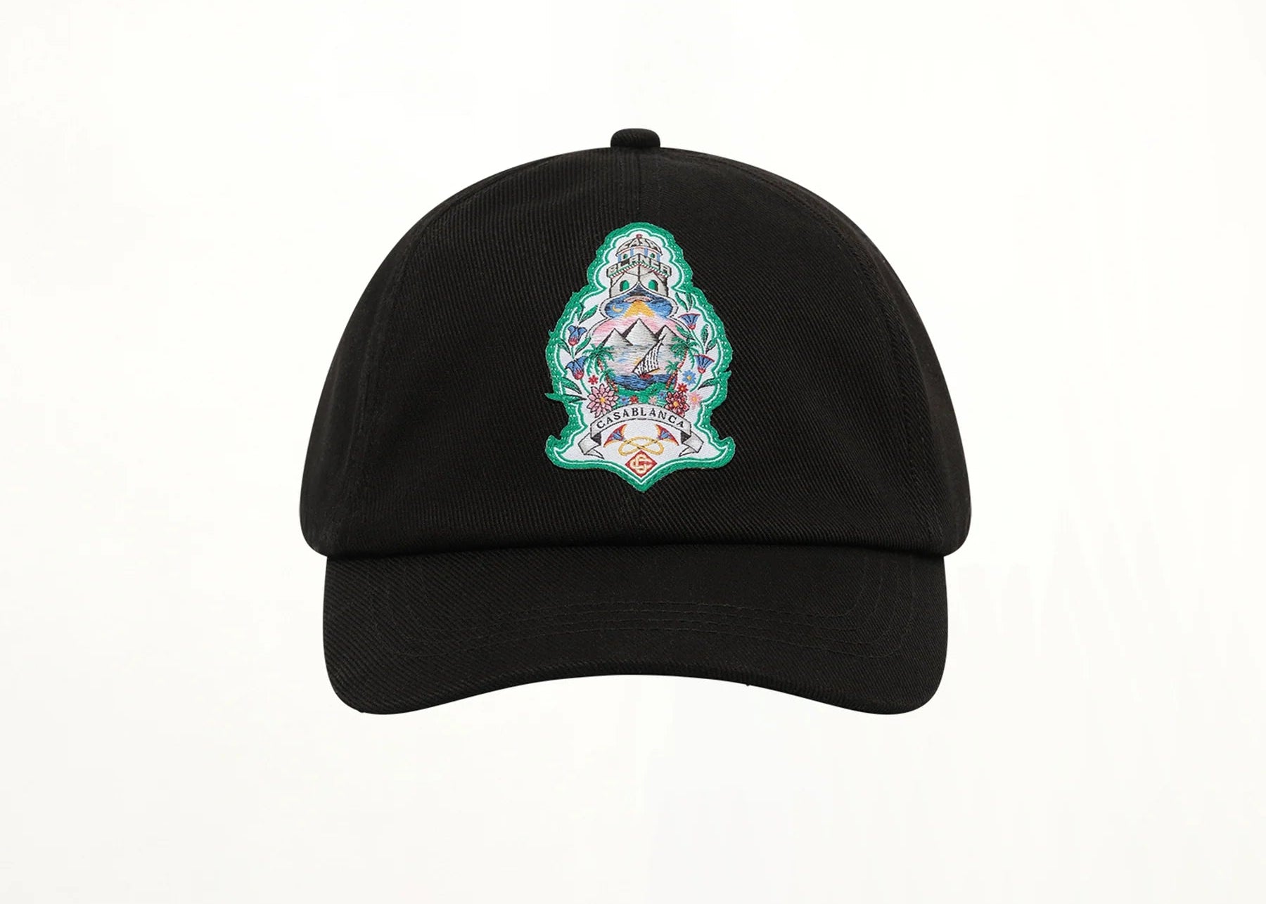 Casablanca Hotel Emblem Cap Black, casquette Casablanca noire à visière courbée avec Hotel Emblem sur l’avant et fermeture ajustable.