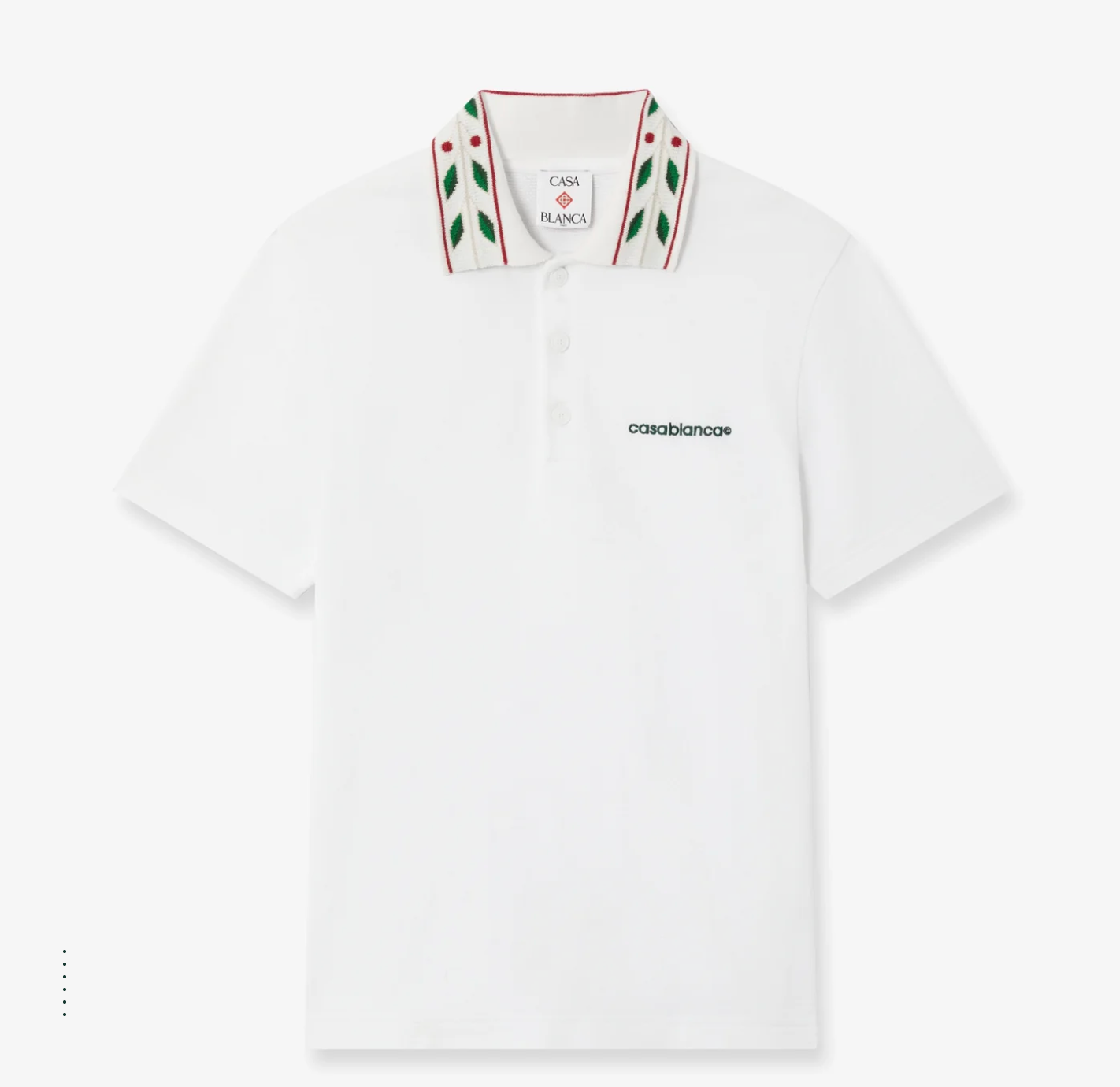 Casablanca Laurel Pique Polo Bright White, polo Casablanca blanc en maille piquée à manches courtes avec col boutonné et détails Laurel.