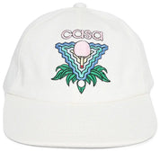 Casablanca Memphis Icon Strap-Back Cap White/Multi, casquette Casablanca blanche avec Memphis Icon multicolore, visière courbée et fermeture Strap-Back.