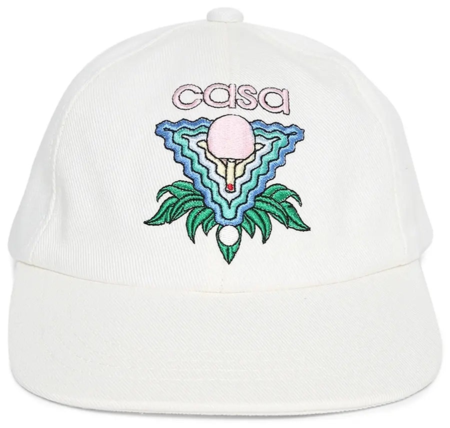 Casablanca Memphis Icon Strap-Back Cap White/Multi, casquette Casablanca blanche avec Memphis Icon multicolore, visière courbée et fermeture Strap-Back.