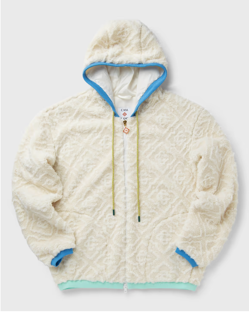 Casablanca Monogram Fleece Jacket Off White, veste polaire Casablanca blanc cassé à manches longues avec motif Monogram et fermeture zippée.