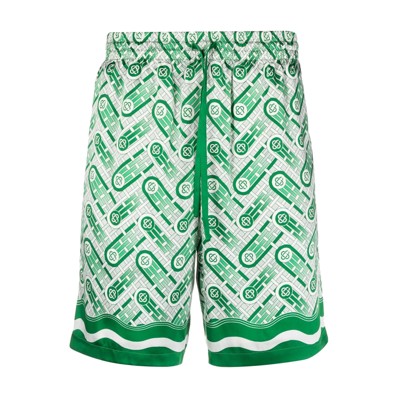 Casablanca Ping Pong Monogram Silk Shorts Green, short Casablanca en soie verte avec motif Ping Pong Monogram inspiré du tennis de table.
