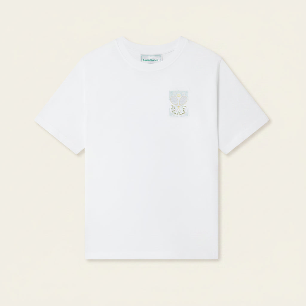 Casablanca Tennis Pastel White, tee-shirt blanc en coton biologique avec imprimé tennis multicolore aux tons pastel.
