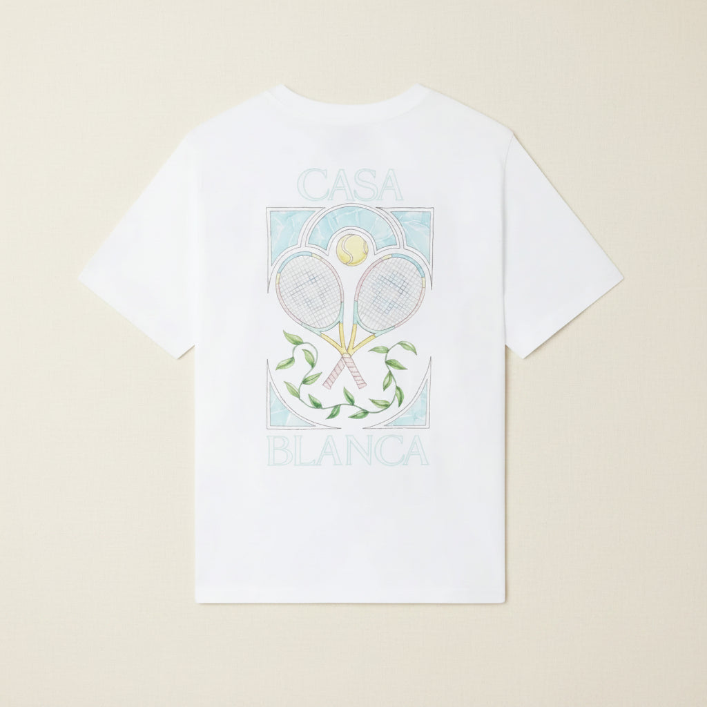 Casablanca Tennis Pastel White, tee-shirt blanc en coton biologique avec imprimé tennis multicolore aux tons pastel.