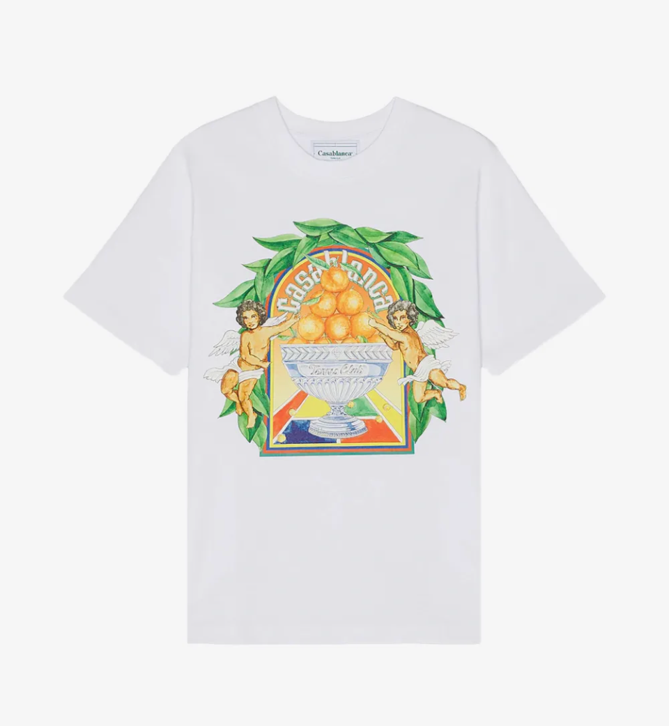Casablanca Triomphe D'Orange T-Shirt White, tee-shirt Casablanca blanc à manches courtes avec graphisme Triomphe D'Orange aux tonalités orangées.