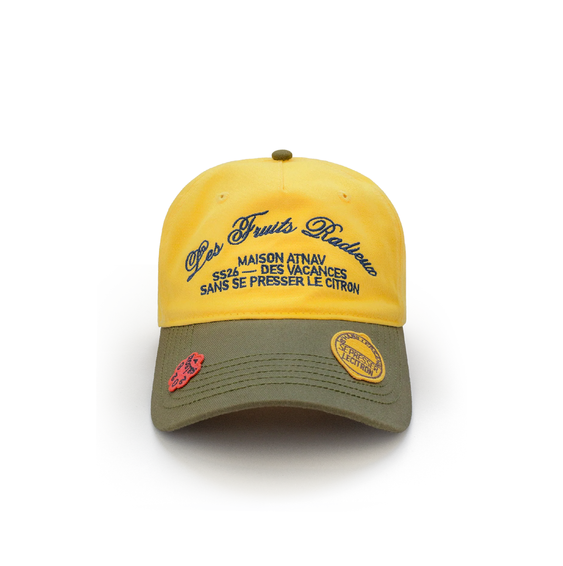 
Casquette Maison Atnav "Le Citron", casquette jaune citron et vert olive avec broderie Maison Atnav, visière préformée et écussons décoratifs.