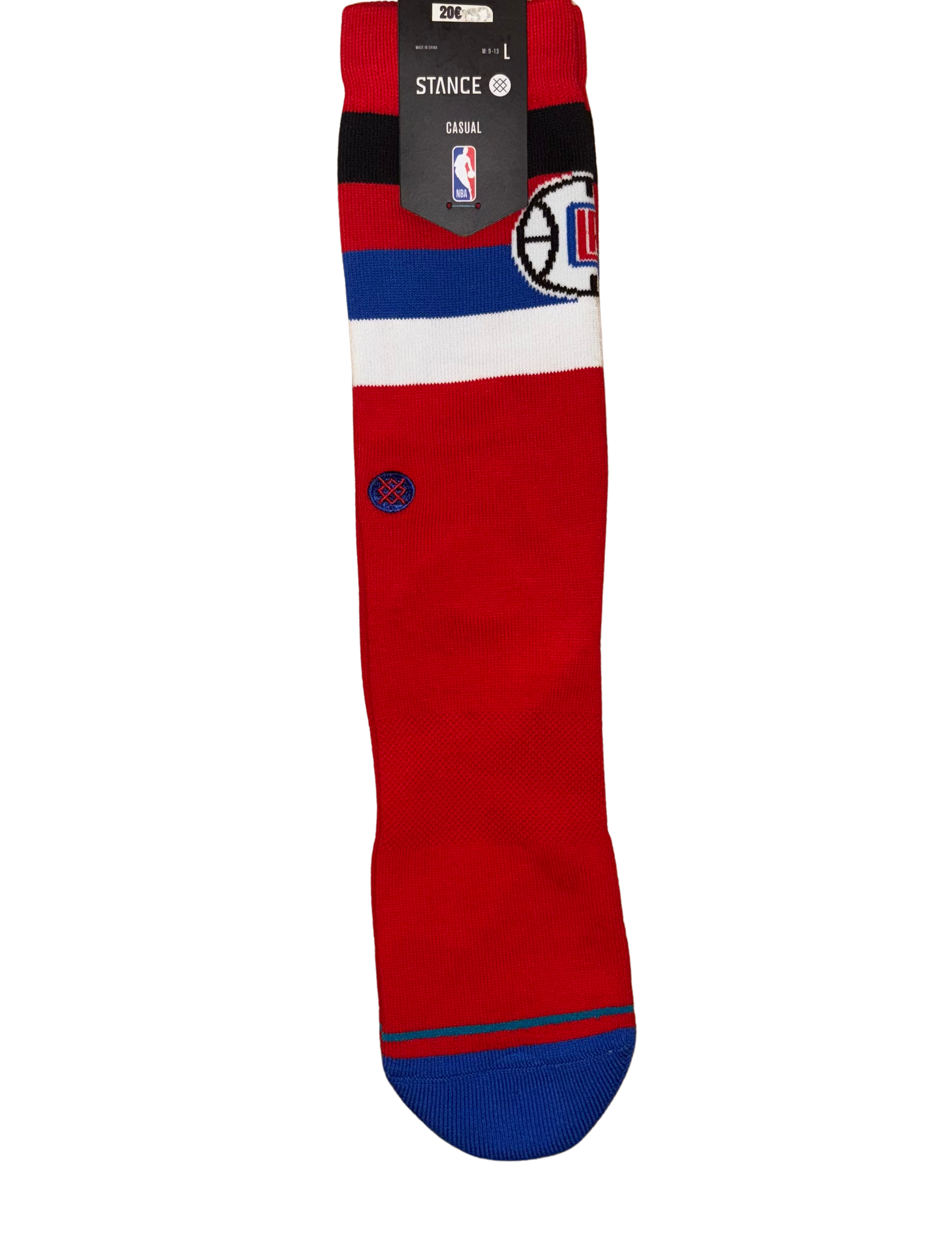 Chaussettes Stance NBA Clippers, modèle blanc avec accents bleu et rouge, logo brodé des Los Angeles Clippers et zones d’amorti renforcées.