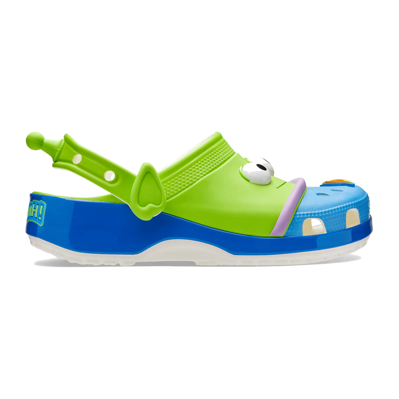 Crocs Classic Clog Disney Pixar Toy Story Alien verte avec Jibbitz extraterrestres, détails Pizza Planet et construction Croslite confortable.