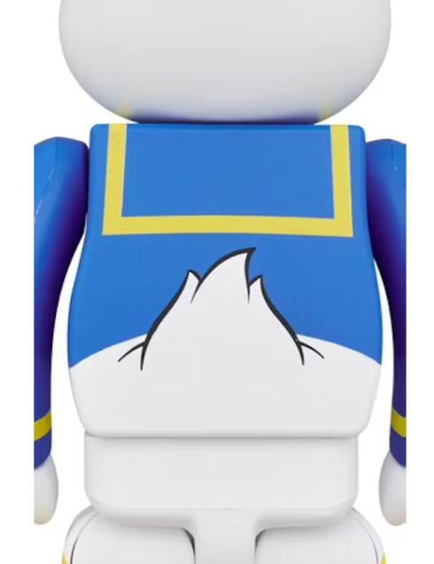 Image du Bearbrick Disney Donald Duck 400%, figurine 28 cm aux couleurs bleu, blanc et rouge, reprenant l’uniforme et le visage caractéristiques de Donald Duck. Vu de dos