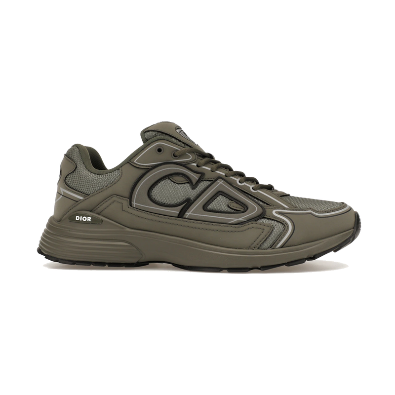 Dior B30 Low Top Olive avec tige en mesh respirant, empiècements en cuir et matières techniques olive, silhouette running moderne et semelle en caoutchouc.