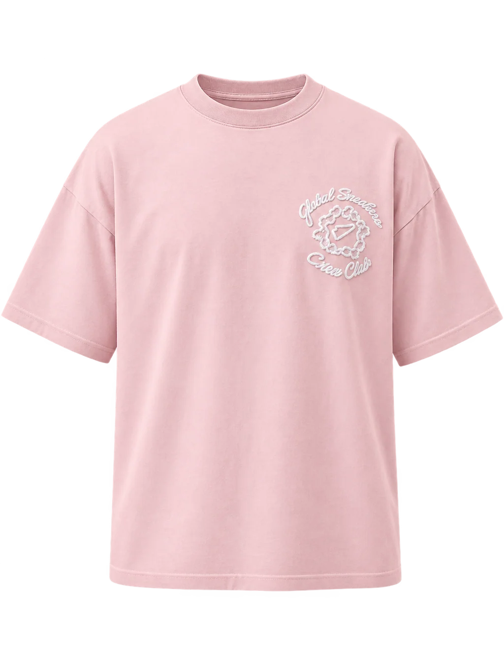 Global Sneakers x Coton Clair T-Shirt Brodé Pink, tee-shirt rose 230 GSM avec broderie Global Sneakers Crew Club devant et grand motif GC brodé au dos.
