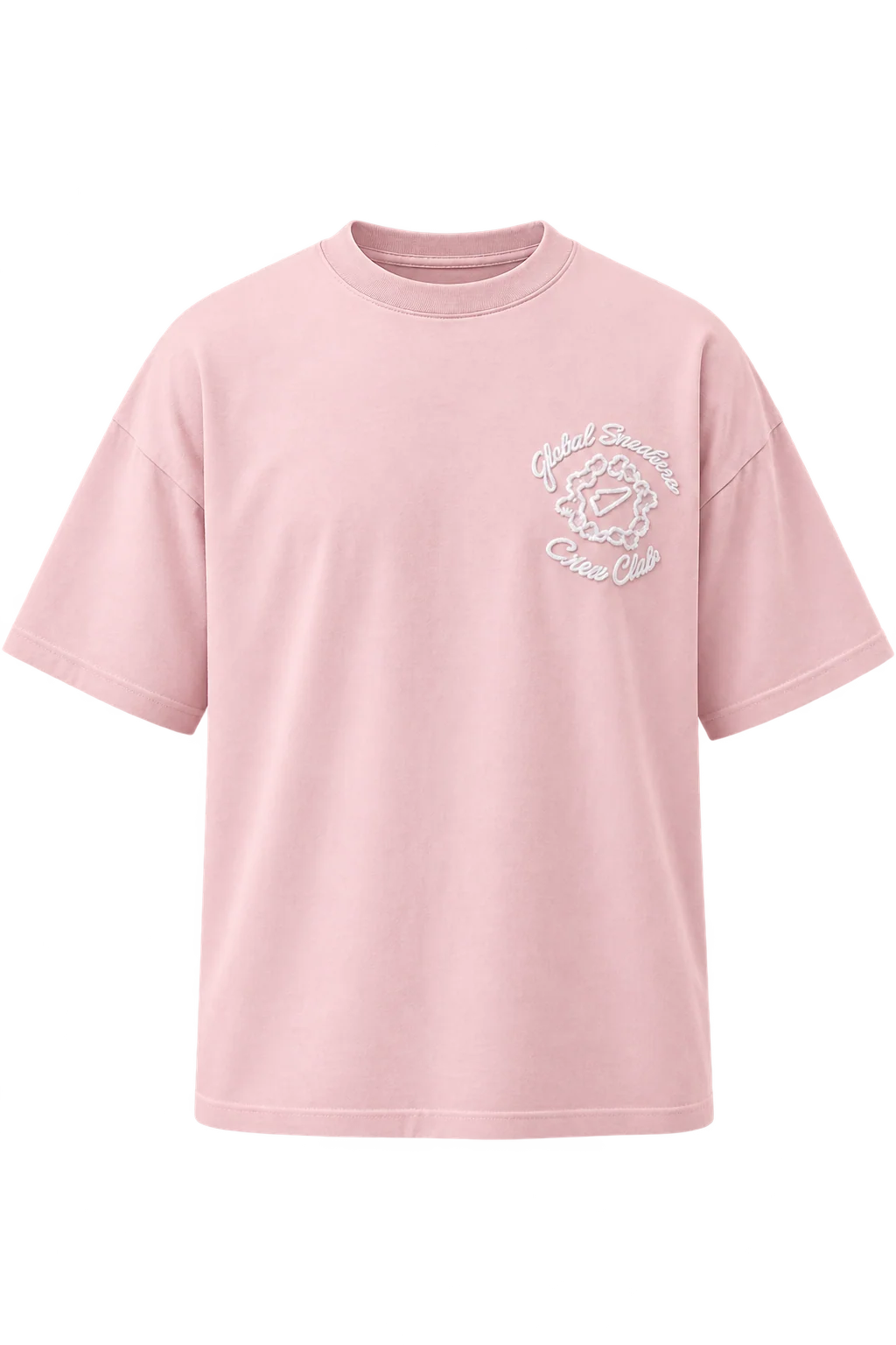 Global Sneakers x Coton Clair T-Shirt Brodé Pink, tee-shirt rose 230 GSM avec broderie Global Sneakers Crew Club devant et grand motif GC brodé au dos.