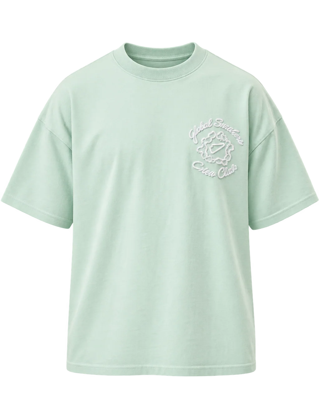 Global Sneakers x Coton Clair T-Shirt Brodé Verdigris, tee-shirt vert-de-gris 230 GSM avec broderie Global Sneakers Crew Club à l'avant et grand motif GC brodé au dos.