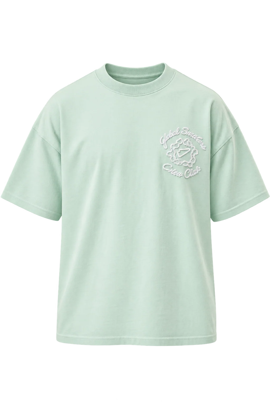 Global Sneakers x Coton Clair T-Shirt Brodé Verdigris, tee-shirt vert-de-gris 230 GSM avec broderie Global Sneakers Crew Club à l'avant et grand motif GC brodé au dos.
