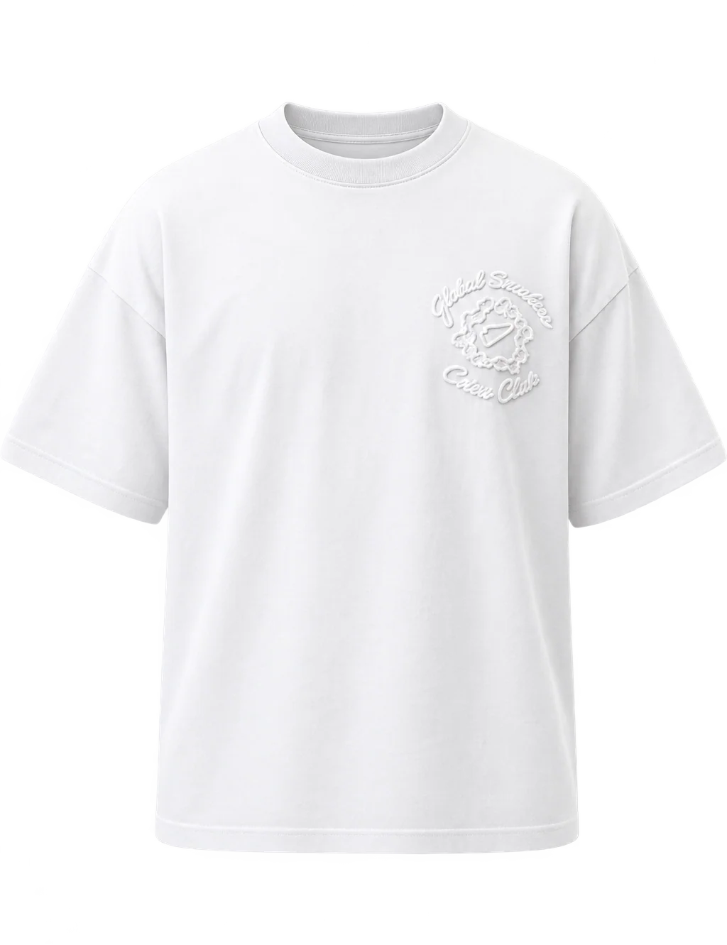 Global Sneakers x Coton Clair T-Shirt Brodé White, tee-shirt blanc 230 GSM avec broderie Global Sneakers Crew Club à l'avant et grand motif GC brodé au dos.