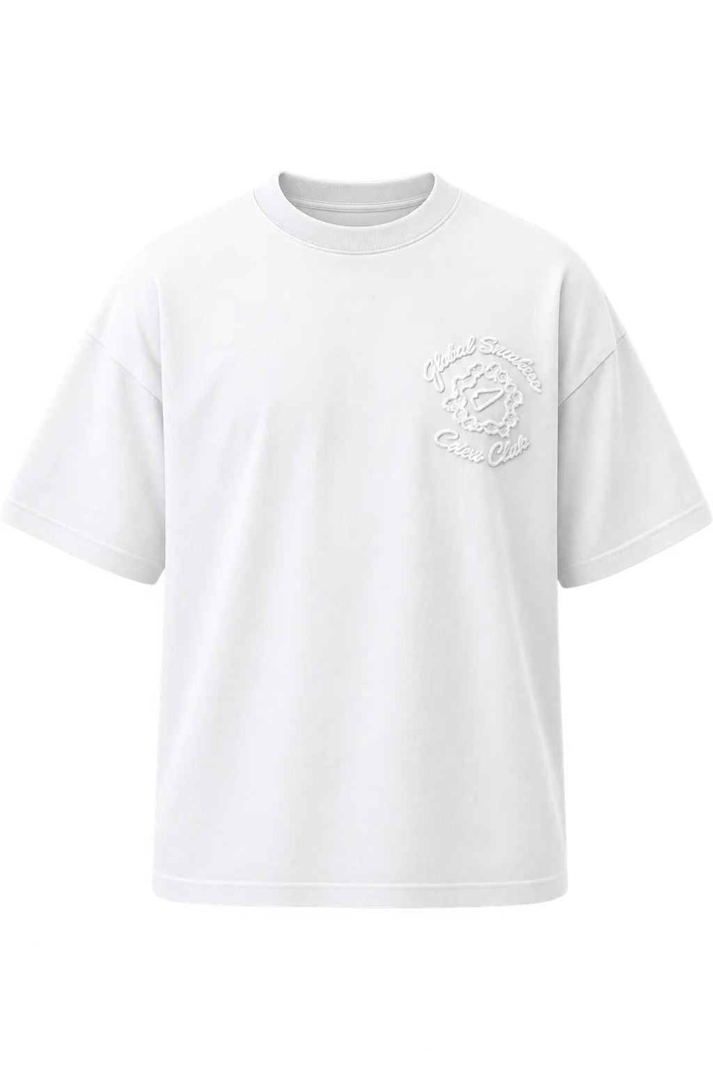 Global Sneakers x Coton Clair T-Shirt Brodé White, tee-shirt blanc 230 GSM avec broderie Global Sneakers Crew Club à l'avant et grand motif GC brodé au dos.