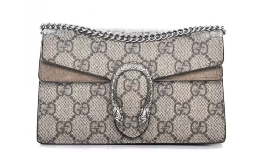 Gucci Dionysus GG Supreme Super Mini Bag Taupe en toile GG Supreme beige et ébène avec daim taupe, chaîne et fermeture tête de tigre.