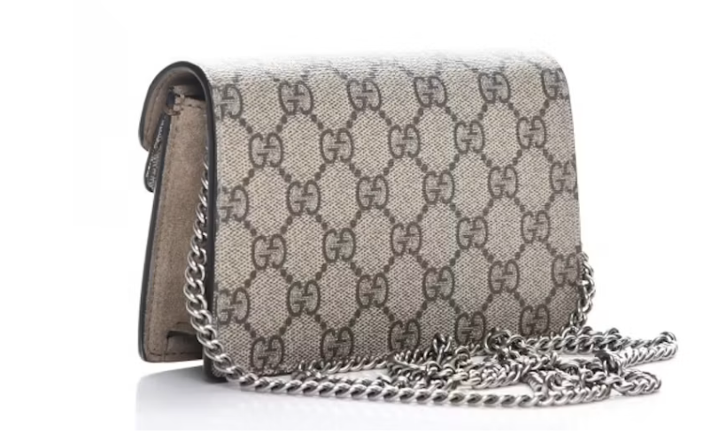 Gucci Dionysus GG Supreme Super Mini Bag Taupe en toile GG Supreme beige et ébène avec daim taupe, chaîne et fermeture tête de tigre.