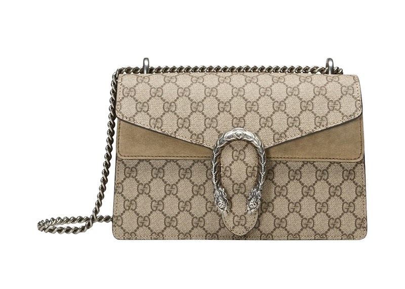 Gucci Dionysus Shoulder Bag Small GG Supreme Beige/Ebony en toile GG Supreme beige et ébène avec chaîne argentée et fermeture tête de tigre.