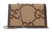 Gucci Dionysus Shoulder Bag Super Mini Jumbo GG Camel/Ebony en canvas camel et ébène avec motif Jumbo GG et chaîne palladiée.