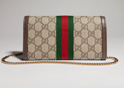 Gucci Ophidia Chain Long Wallet Beige en toile GG Supreme beige et marron foncé avec Double G doré et chaîne amovible.